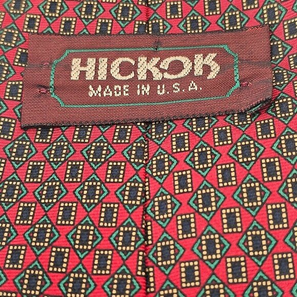 Hickok Vintage Silk Tie Green Blue Geometric Pattern on Red 3.5"W x 56 USA Made - Picture 1 of 6
